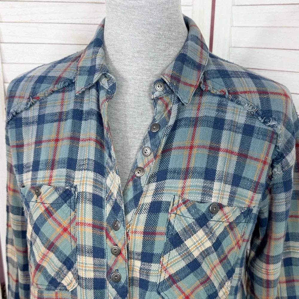 Vintage Free People Plaid Raw Hem Flannel Shirt‎ Ombre Blue Multi XS XSmall